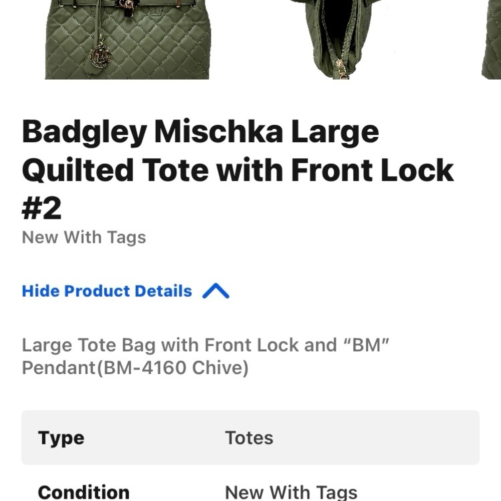 Badgley Mischka Large Quilted Tote in Olive Green